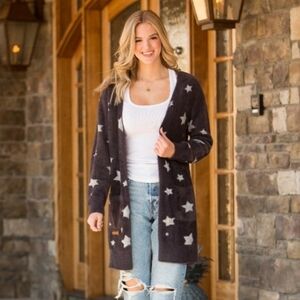 Simply Southern Long Cardigan Sweater Women's Large Stars Gray Fuzzy Open Front
